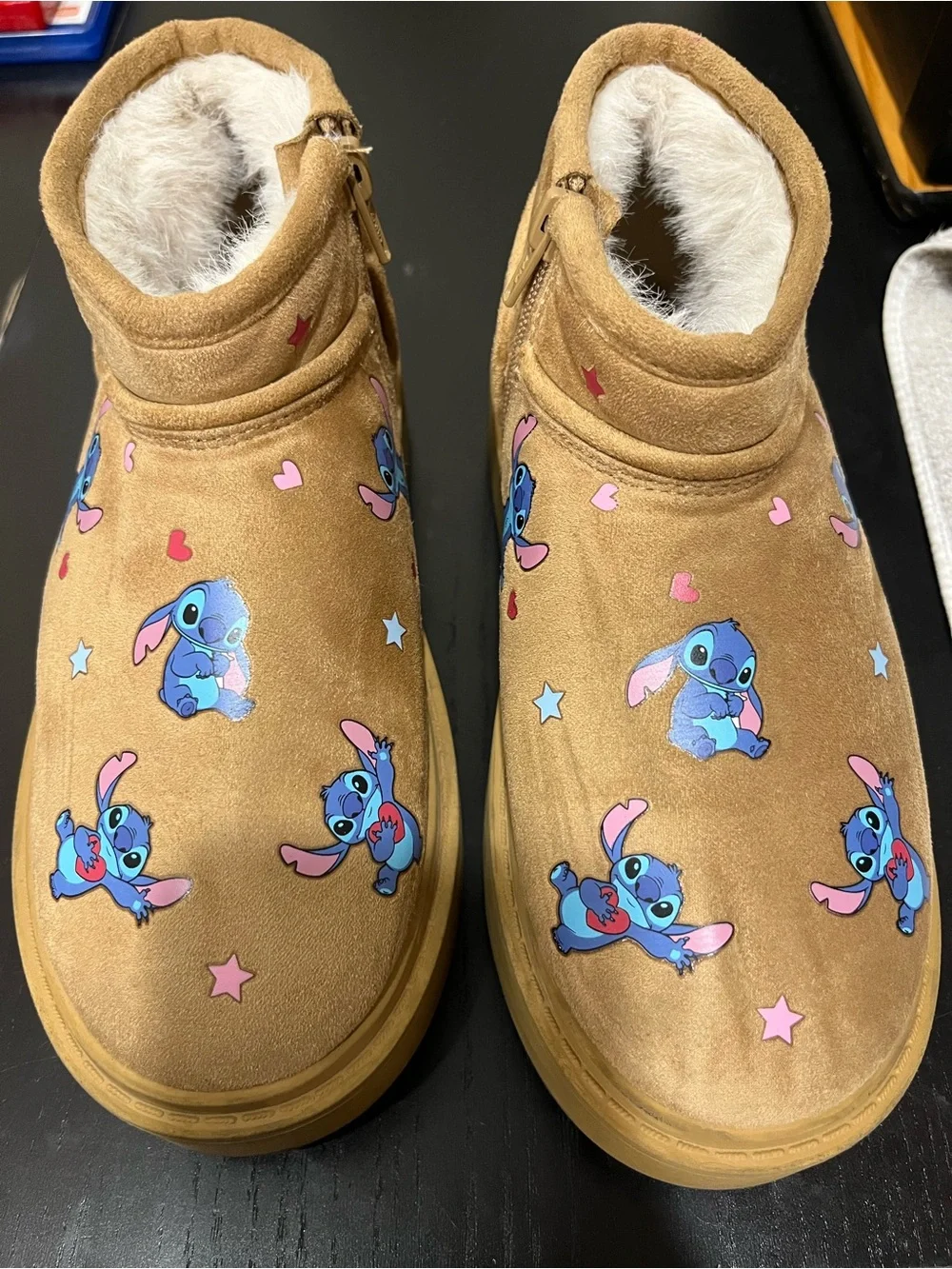 ZARA Kids Girls Lilo & Stitch Low Faux Fur Winter Boots Brown Sz Big Kids 4